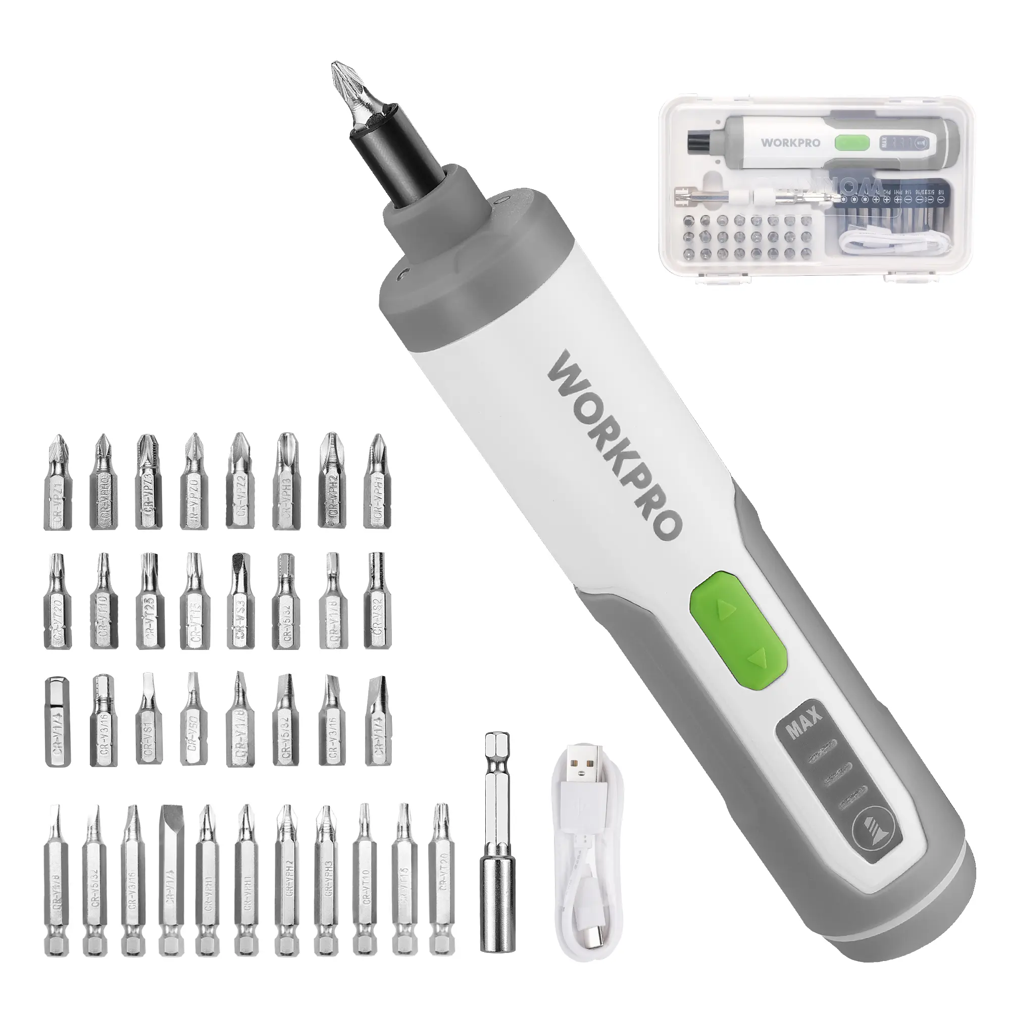 #backtoschool WORKPRO 4V Electric Screwdriver, Rechargeable Cordless Screwdriver Set with 35 Bits, Extension Rod, USB Charging Cable in Carrying Case, LED Light, White Gray