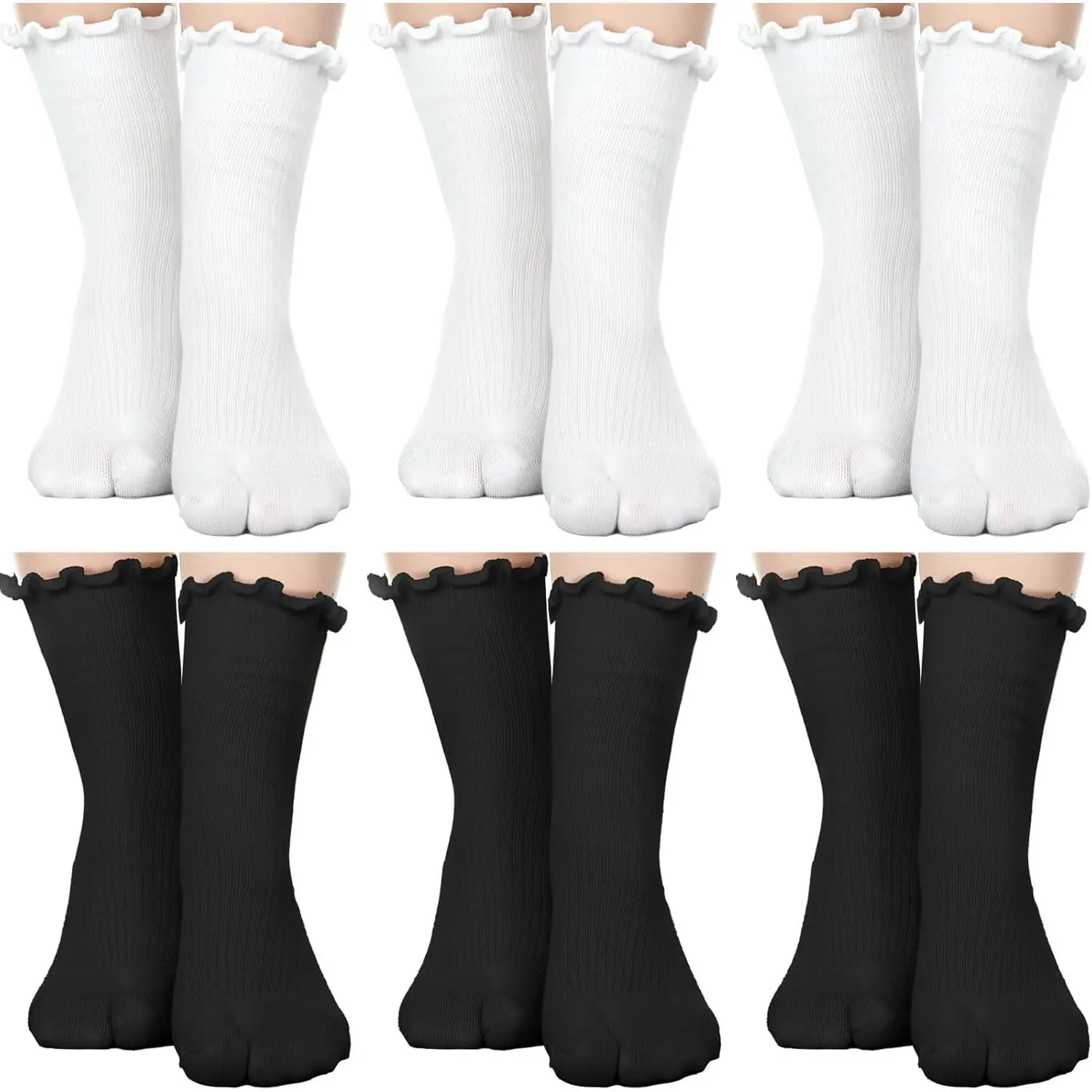 HahZen SPORT 6-Pack Soft Cotton Split-Toe Tabi Frilly Socks - Indoor-Outdoor Running/Yoga Sandal Socks for Men/Women