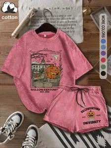 Halloween women's suit, Halloweentown graphic print pattern, round neck fitted casual, outdoor sports, women's four-season short-sleeved top and stretch shorts outfit, washed and distressed style casual two-piece suit, holiday gift