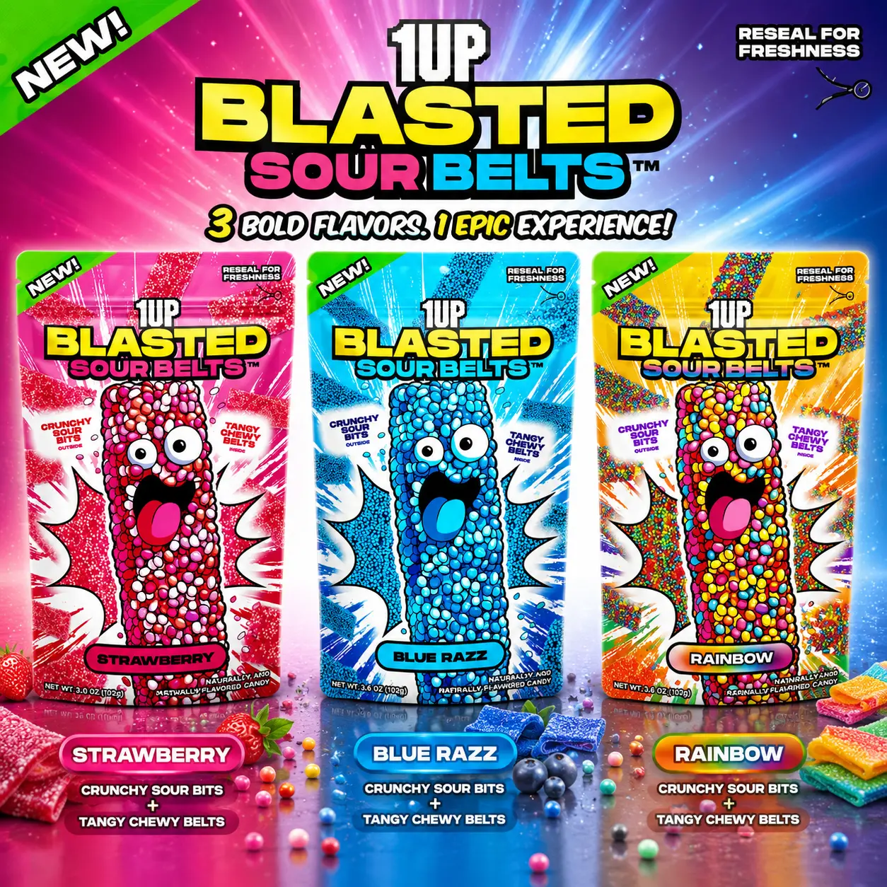 1UP Blasted    Pack 3-Pack Strawberry, Blue Razz & Rainbow Flavors Crunchy Coated Chewy  Candy  10.5oz Total Sweet Snack Bonbon Sour Belt Variety Mix