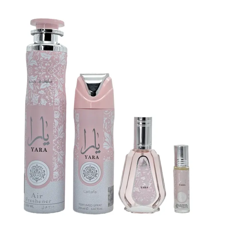 Yara Combo 4 Pcs- Most liked Arabic perfume with 50ml Eau de Parfum, 10ml Roll on, 200ml Body Spray and 300ml Air Freshener