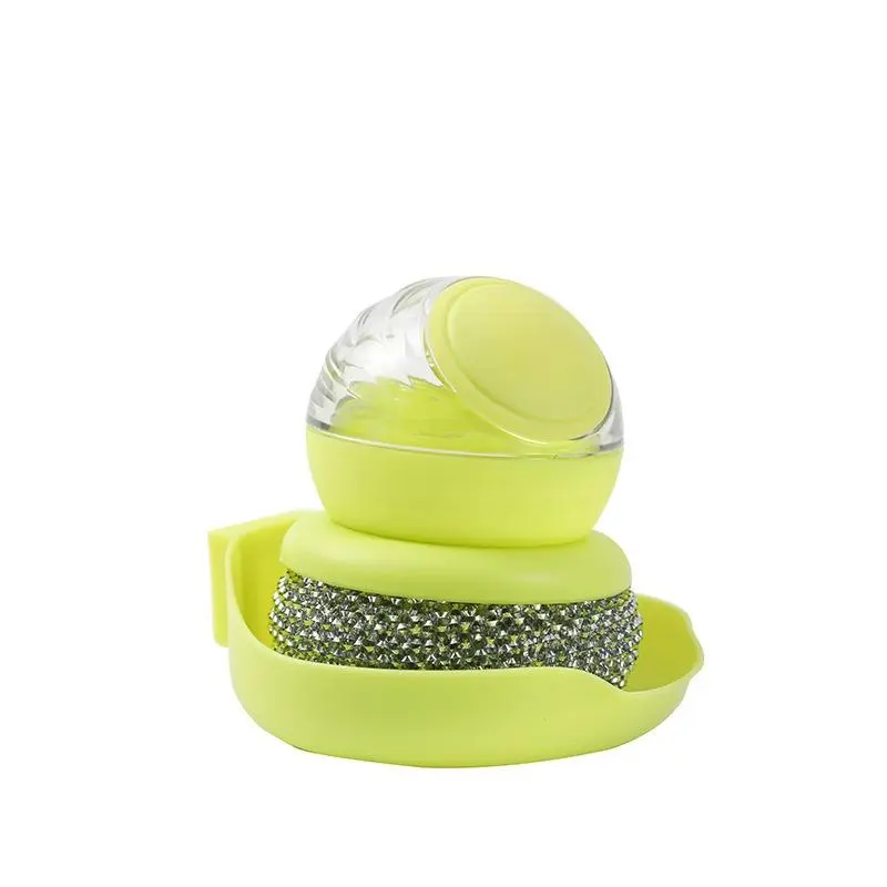 Green Soap Dispensing Cleaning Brush, Kitchen Dish Scrubber with Holder, Sponge Scrub Brush for Sink, Pots and Pans Household Round