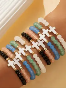 Bohemian Style Colorful Glass Bead Stackable Bracelets Set, Multi-Layer Cross Religious Jewelry, Unisex Daily Wear, Perfect Gift, Cross Charm Bangle, Stacking Bracelet