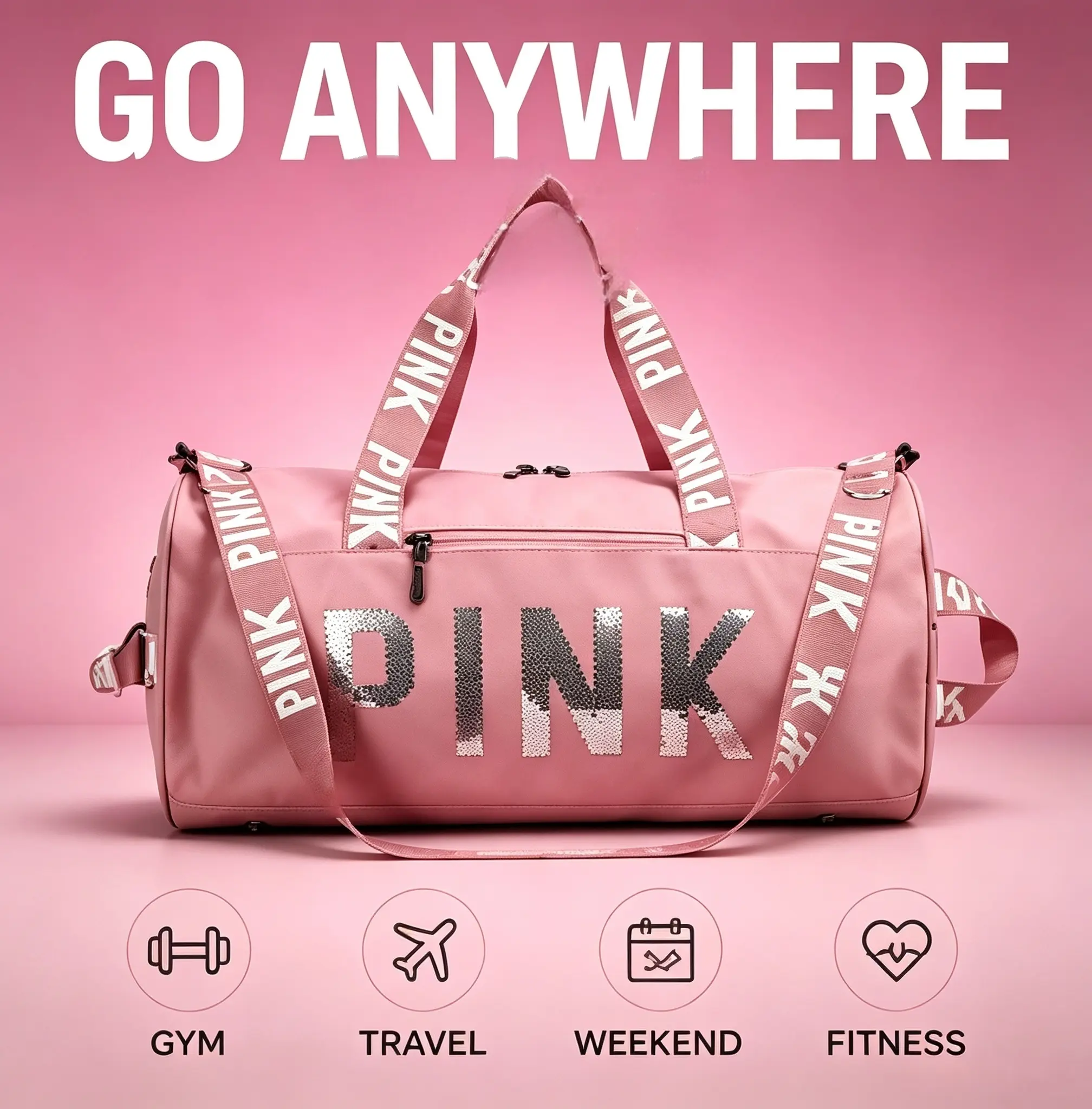 Sequin Letter Barrel Duffle Bag, Waterproof Nylon Lightweight Sports Gym Bag for Women, Large Multi Pockets with Detachable Adjustable Crossbody Shoulder Strap, Portable Fashion Overnight Weekender Carry On Travel Handbag Checkerboard Leather Duffel