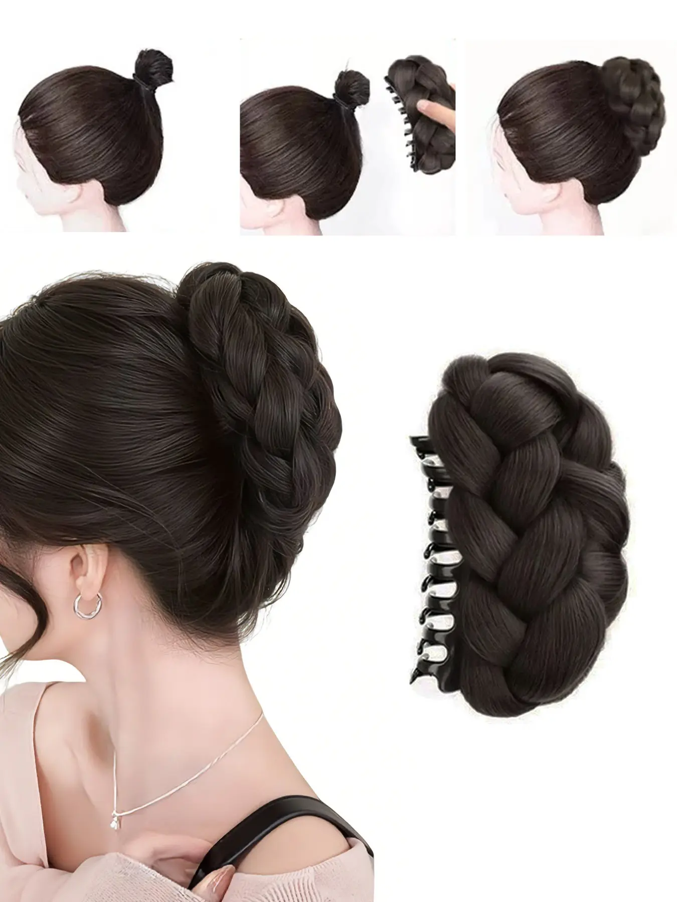 Realistic Synthetic Braided Bun Hair Claw for Rose Head and High Top Knot, Natural-Looking Faux Hair Updo Tool for Easy Hairstyling, Synthetic Hairpiece, Fake Hair, Clip on Hairpieces