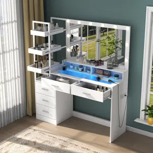 White Vanity Desk with Mirror and Lights, 8 Drawer Makeup Vanity Table with Glass Top, Power Outlets and RGB Lights, Women & Girls Dressing Table with Lighted Mirror（Stool Not Included） vanity  desk