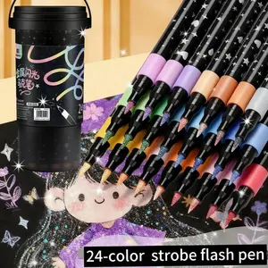 Glitter Acrylic Paint Marker Set of 24, Sparkly Glitter Acrylic Marker Pens 24 Colors with Storage Barrel, Fine Tip Metallic Acrylic Pens for Art Drawing DIY Crafts Journaling Cards Gifts, Stocking Stuffers Teen Girls