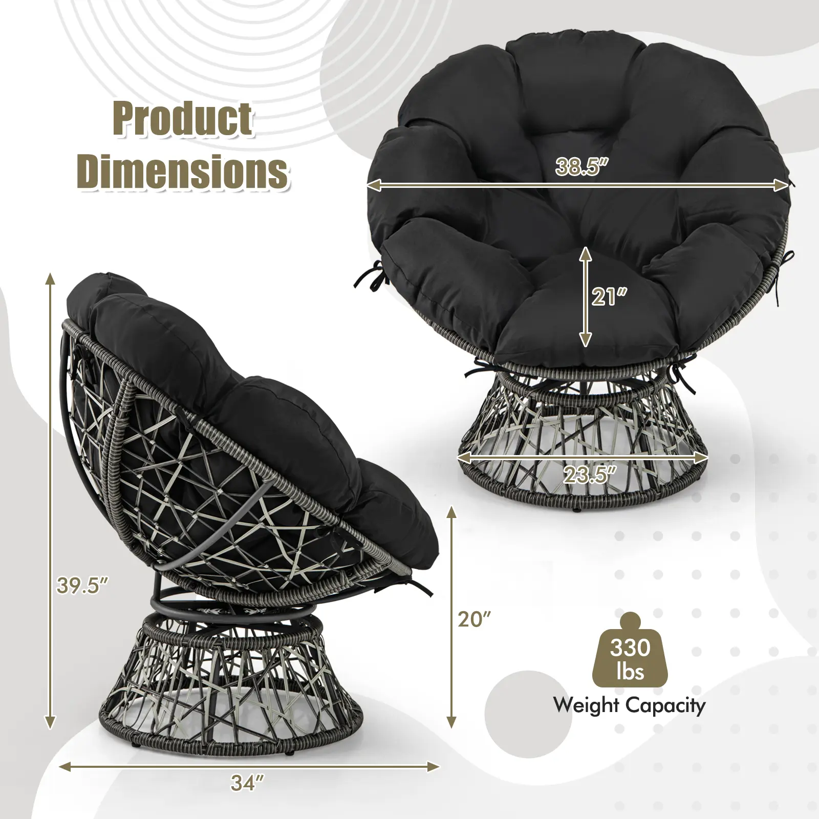 COSTWAY - PE Wicker Papasan Chair with Thick and Removable Cushion-Black