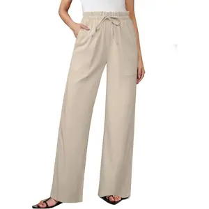 Womens Linen Wide Leg Pants, High Waisted Flowy Palazzo with Pockets Summer Drawstring Trousers Beach Travel Work
