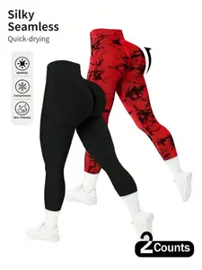 2Pcs Silky Seamless High-Elasticity Women's Solid-Color & Tie-Dyed Yoga Leggings Quick-Drying Tuck Abdomen Sports Leggings Lift Buttocks Slim Legs