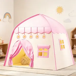 Kids' Party Play Tent | Pink Princess Castle w/ Pink Flower Design | Portable Outdoor Playhouse | Holiday Gift | No Accessories or Lights | Indoor Playhouse