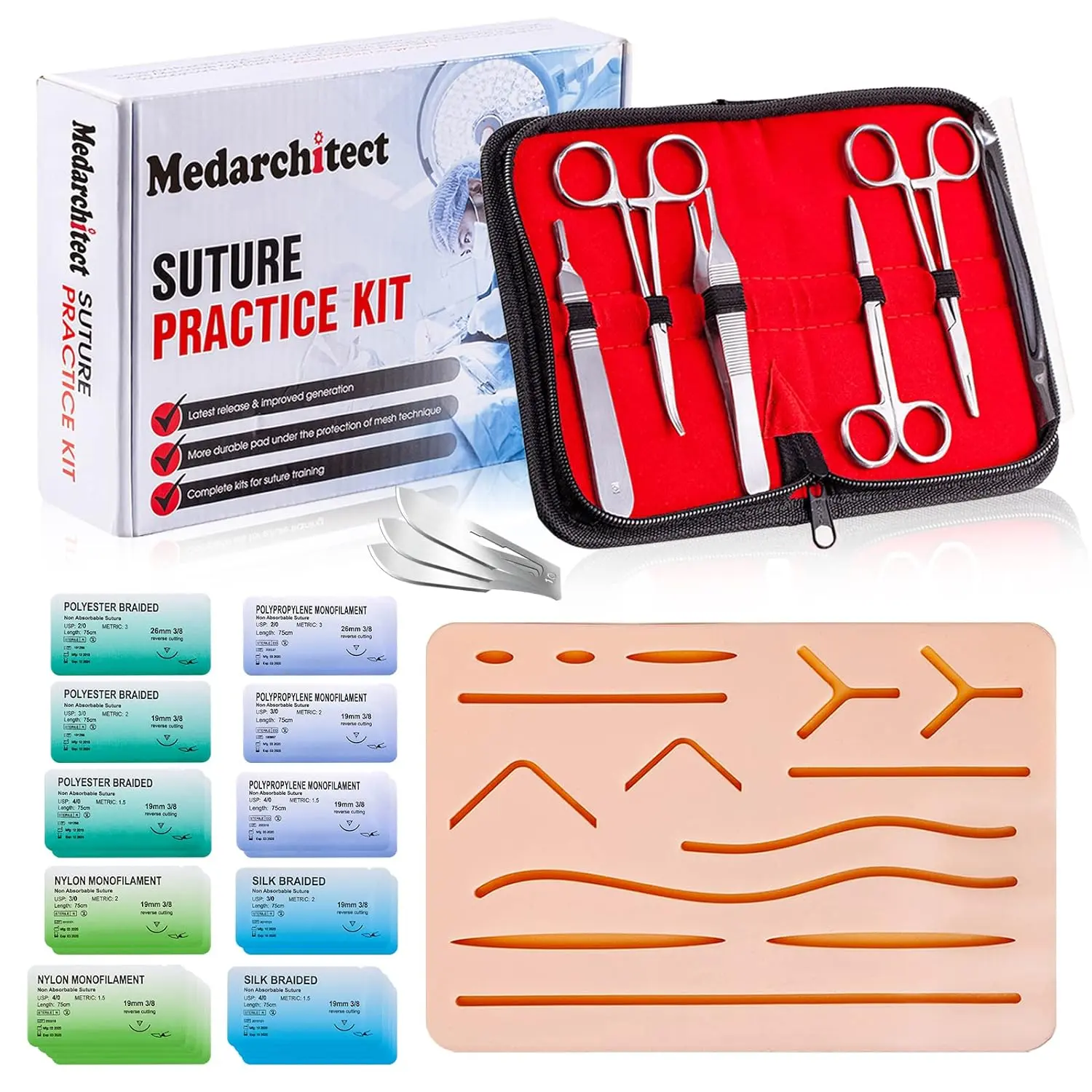 Medarchitect Suturing Practice Complete Kit (30 Pieces) for Medical Student Suture Training, Include Upgrade Suture Pad with Pre-Cut Wounds, Suture Tools, Suture Thread & Needle
