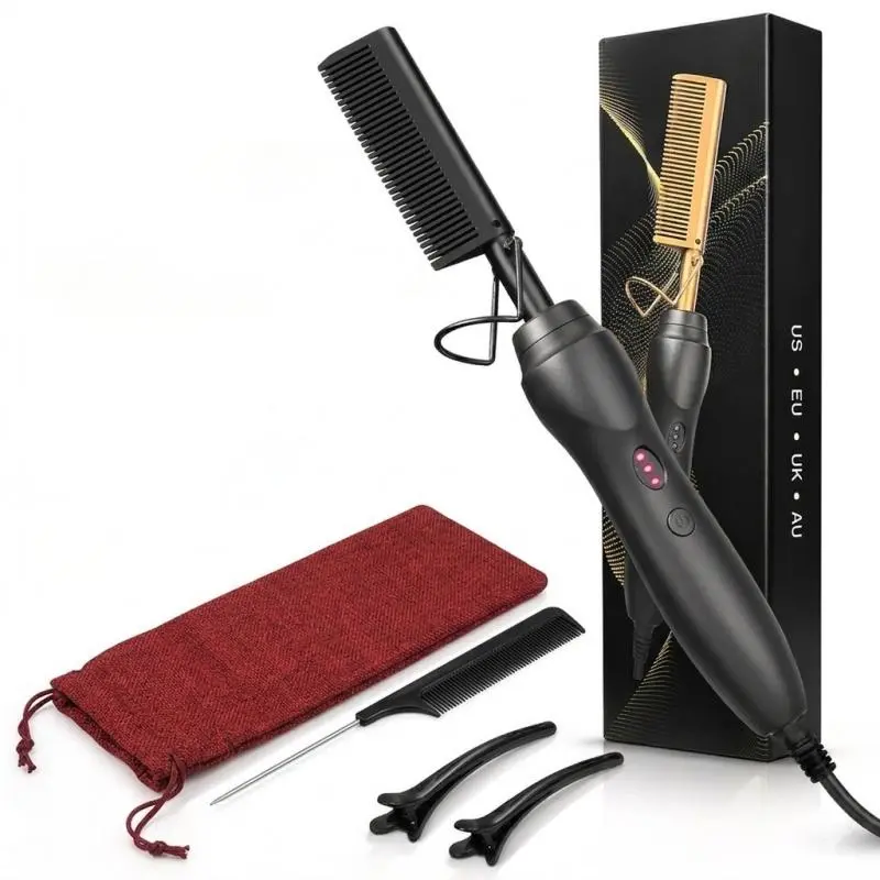 Hot Comb Hair Straightener for Black Hair, Electric Heated Pressing Comb for Natural Hair, Lace Wig Styling Tool, Silk Press Tool Kit