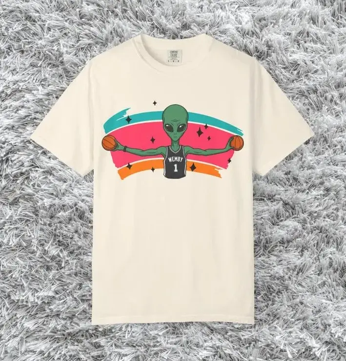 Youth and Adult V.Wembanyama Basketball shirt, The Alien Spurs Fan Graphic, Go SPURS Go T-Shirts, Wemby The Alien Basketball Player Comic Graphic Tee Indie Folk Vintage Inspired