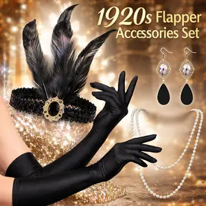 Women's 1920s Flapper Set – Roaring 20s Headband Headpiece, Great Gatsby Costume Accessories for Halloween, Party, Cosplay – Vintage Sequin Feather Hairband