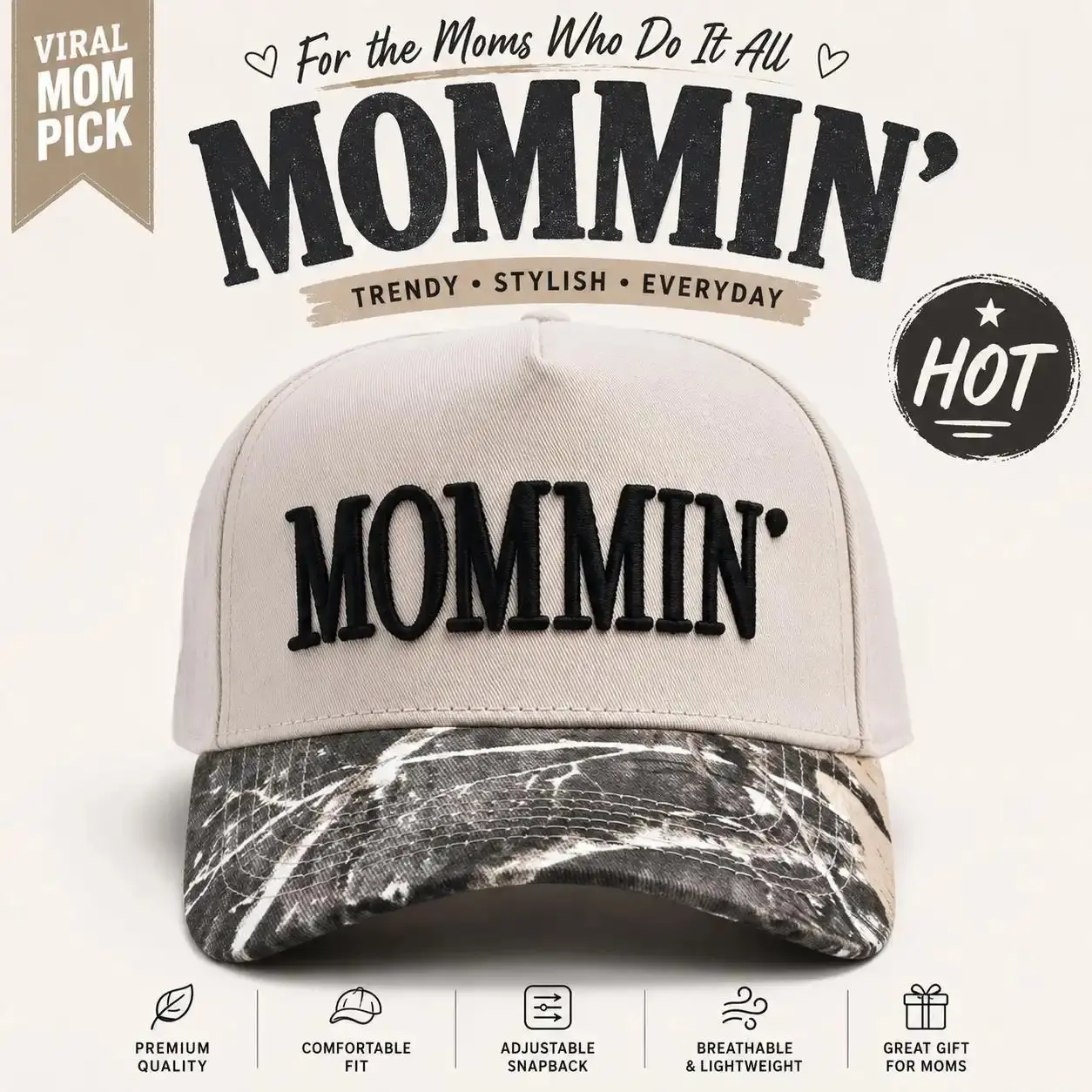 Women's MOMMIN’ Camo Trucker Hat - Lightweight Breathable 3D Mama Life Baseball Cap, Adjustable Snapback, Casual Outfits Women Accessory, Baby Shower Gift for Mothers, Summer Party Supply