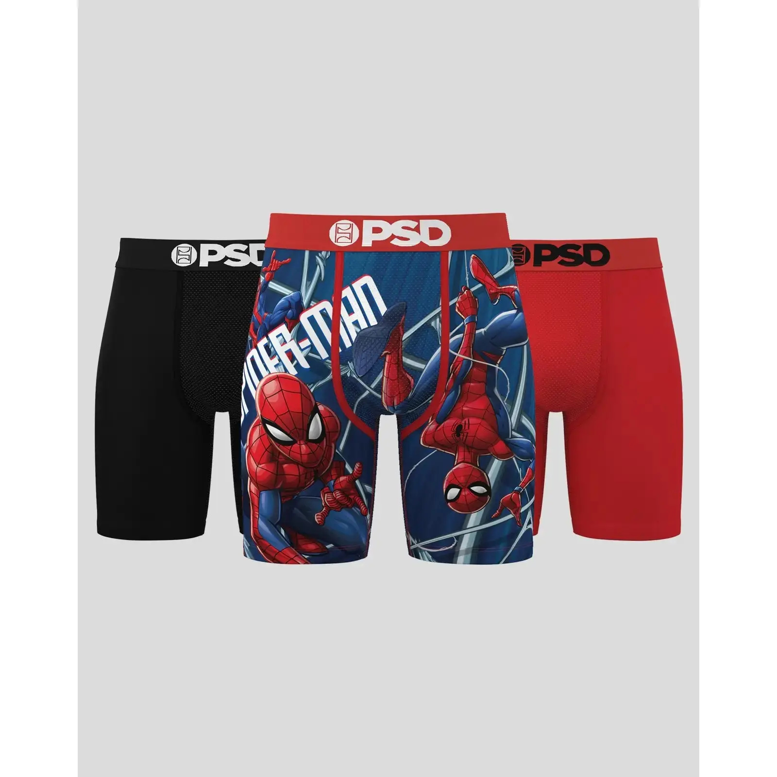 PSD Mens Marvel Webbed Up Boxer Brief 3 Pack - Standard Length 7 Inch Inseam, Soft and Breathable Poly Blend Fabric