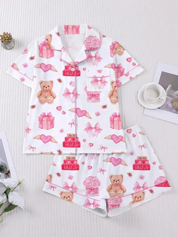 Women’s Valentine Teddy Bear Print Sleepwear Set, Long & Short Sleeve Pajama Set, Button-Up Knit Top & Matching Shorts/Pants, Cozy All-Season Loungewear for Women