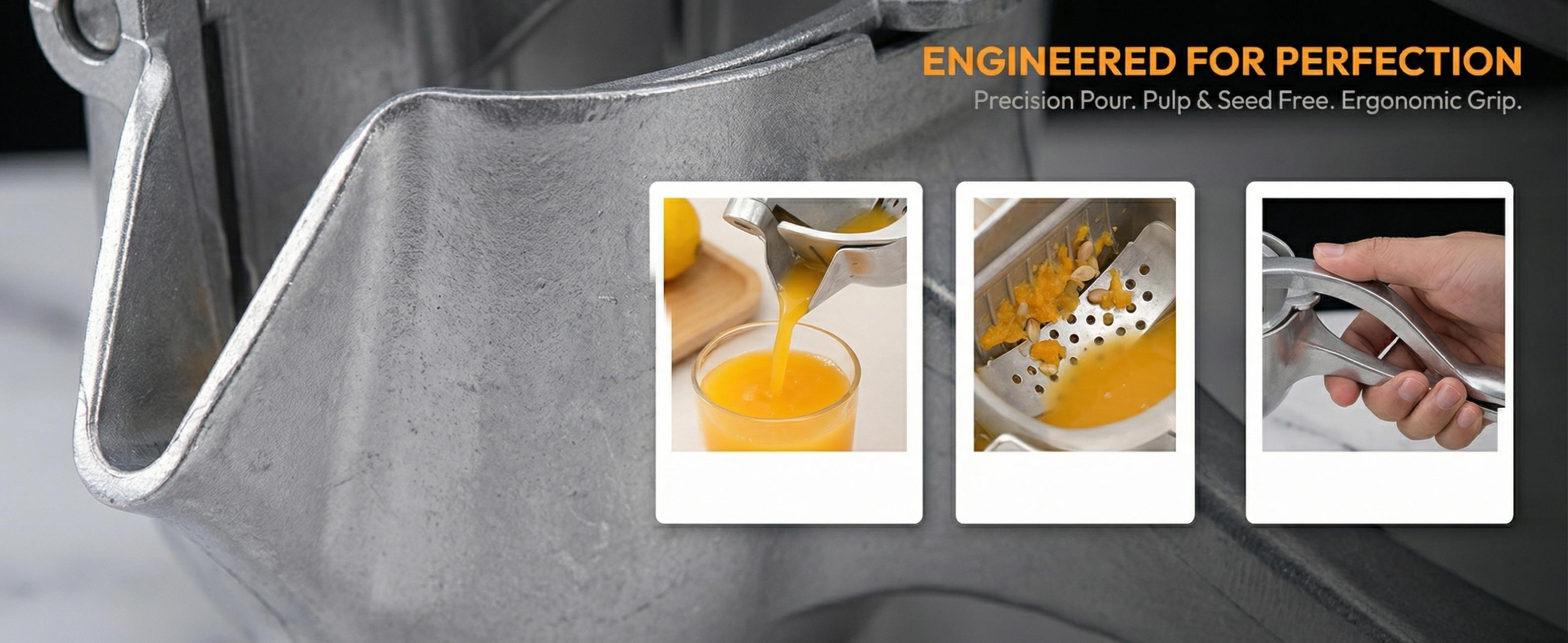 Elevate Your Kitchen with Our Premium Manual Juicer. It features an ergonomic comfort grip handle, durable aluminum construction, and mess-free juicing for oranges, lemons, limes and more. A sophisticated, electric-free essential for healthy living.