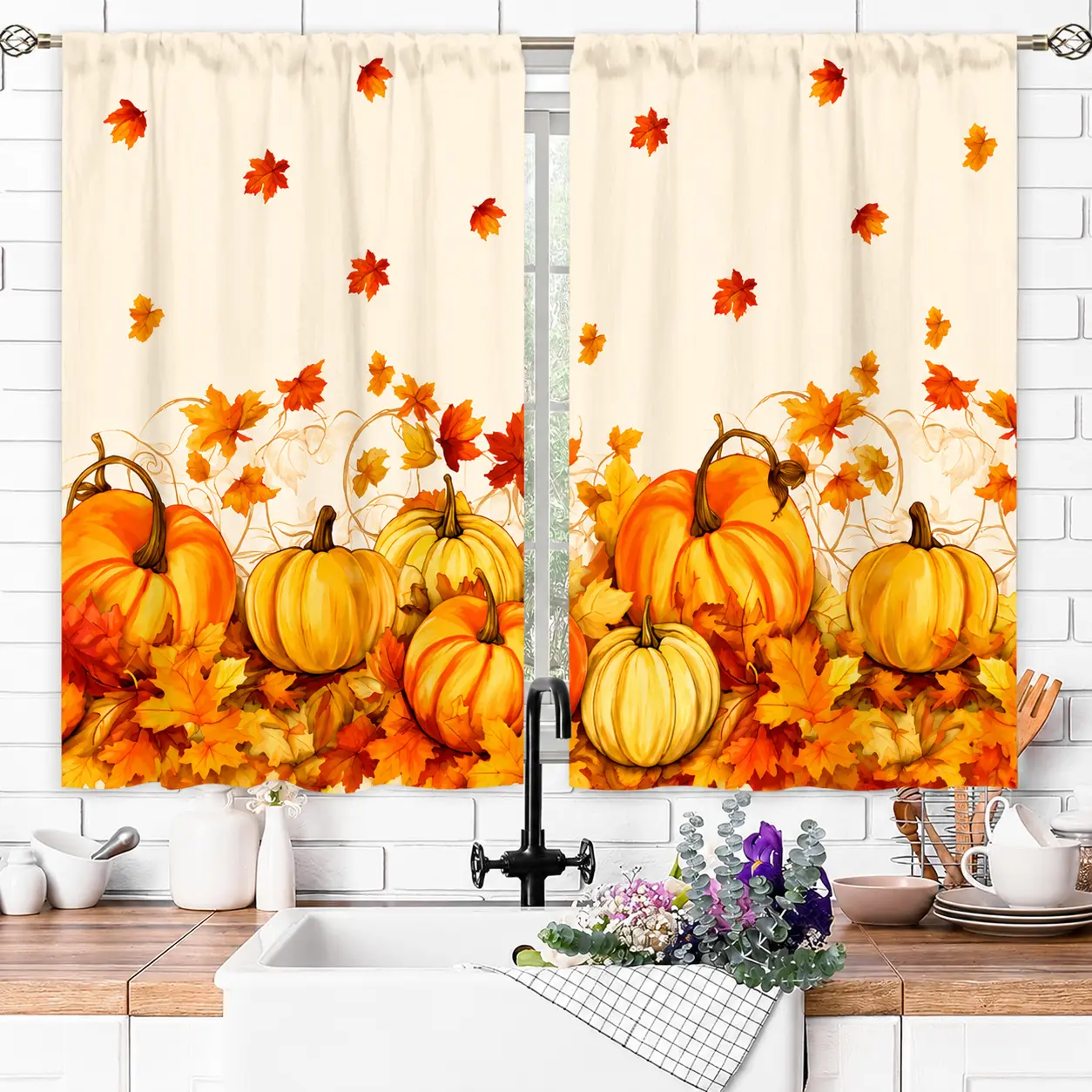 2pcs Pumpkin Drapes Thanksgiving Autumn Kitchen Drapes Pole Pocket Autumn Maple Leaf Curtains Short Top Window Curtains Autumn, Autumn Seasonal Decorative Drapes 27.5×39in