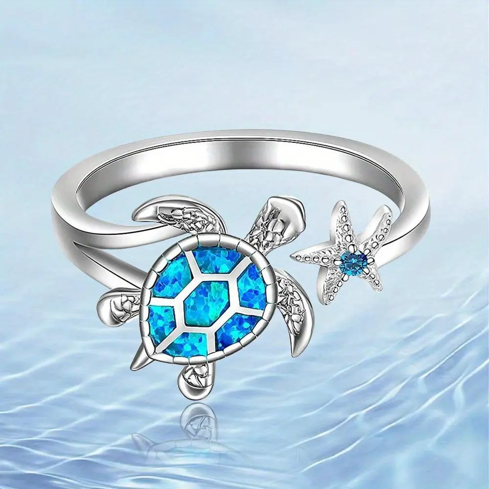 Women's Sea Theme Animal Engagement Ring with Sea Turtle Design, Adorable Fashion Costume Jewelry Gift for Her, Silvery, Turtle Motif, Band, All Seasons, Round Band