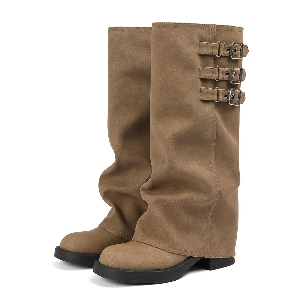 Women's Knee High Boots Pull On Buckle Boots Fall Slouchy Fold Over Tall Knee High Boots  Slouchy Fold Over Motorcycle Riding Boots With Buckle Women's Wide Mid Calf Casual Comfortable Moto Biker Winter Boots AOSPHIRAYLIAN