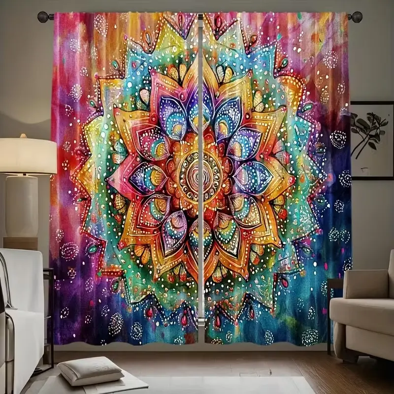 2 Piece Bohemian Print Curtains Set, High Definition Home Decor Window Treatments, Ideal for Living Room & Bedroom, Easy Installation