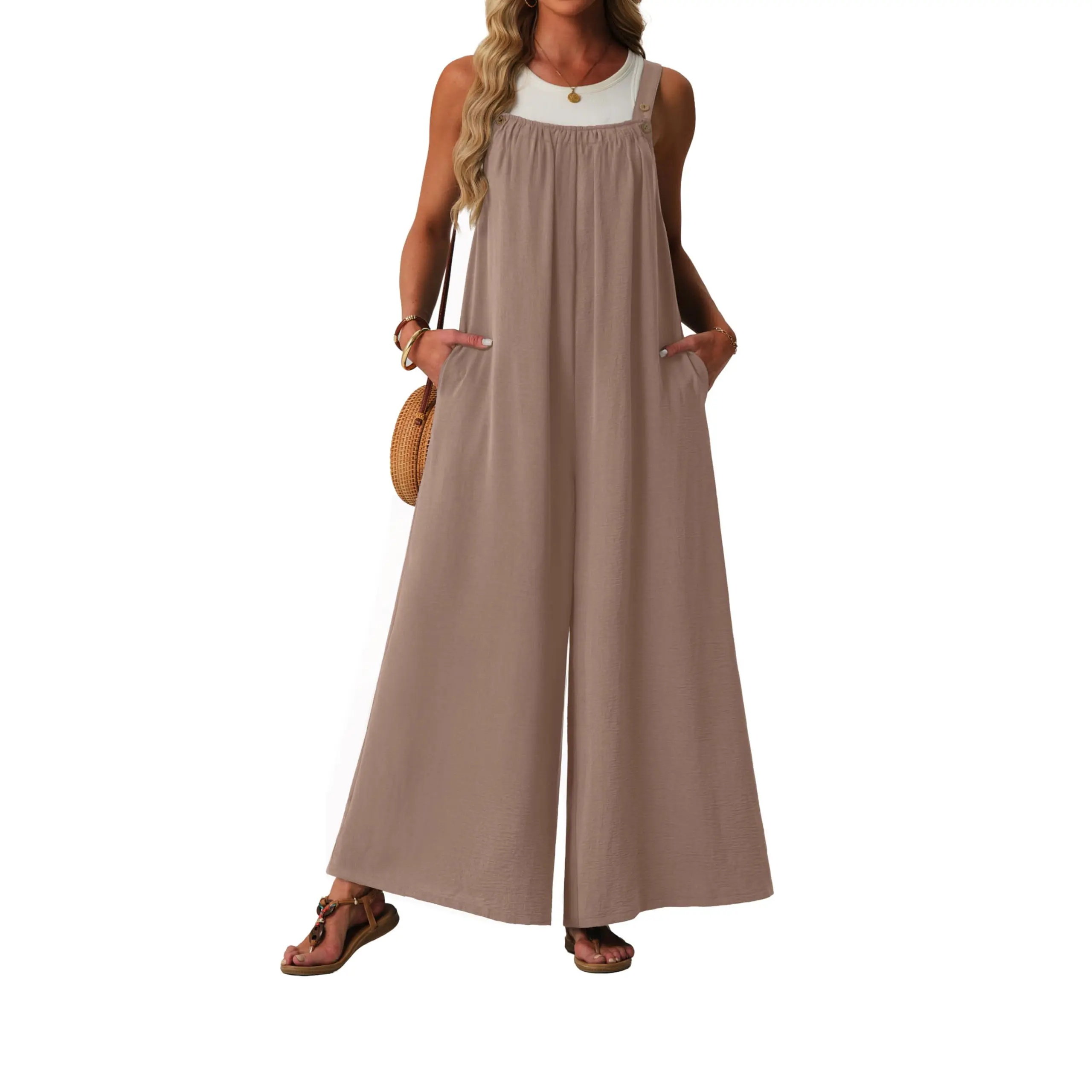 Lepunuo Womens Casual Jumpsuits Summer Boho Wide Leg Rompers Sleeveless Overalls Pleated Jumpers with Pockets