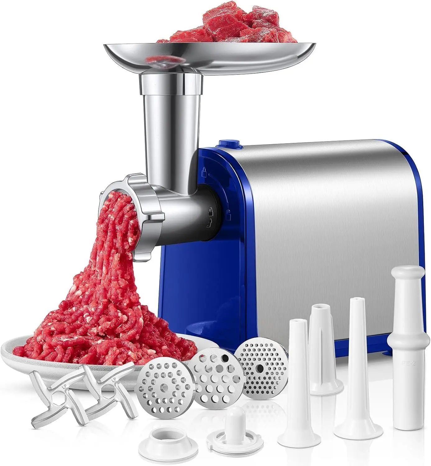 Electric Meat , Sausage Stuffer with 3 Sausage Tubes, 2 , 3 Plates, 3200W Max, Meat  Heavy Duty for Home Kitchen Use, Stainless Steel (Blue)