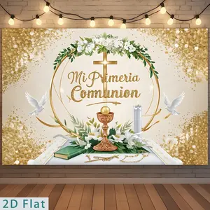 1pc 2D Flat Spanish First Communion Polyester Banner with Golden Glitter Chalice, Cross & Floral Backdrop - Easy to Hang Ornaments for Home, Church - Suitable for Christmas, Valentine's Day Decorations