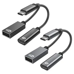 USB C OTG Adapter PD 60W with Fast Charging Charging Cable Type C OTG Port and USB A Female 2 in 1 Usb-C Splitter Converter for Smartph