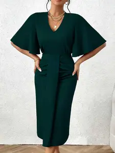 Elegant Women's Short Sleeve Waist Cinching Dress, V Neck Cocktail Party Dress, Stylish Summer Evening Wear, Formal Wear, Perfect for Parties