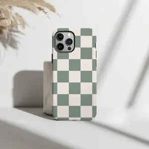 Sage Green Checkered Phone case for MagSafe, iPhone 17 Pro Max, iPhone 16, 15, 14, 13 Checkerboard pattern iPhone Cases - Simple Phone Case Minimalist Leather Wallet with Tracker