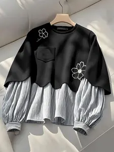 Loose Round Neck Long Sleeve Knit Knitted Patchwork Striped Floral Embroidery Pocket Casual Style Everyday Hoodie Knitwear, Women's Comfortable Pullover Sweater Tops Womenswear