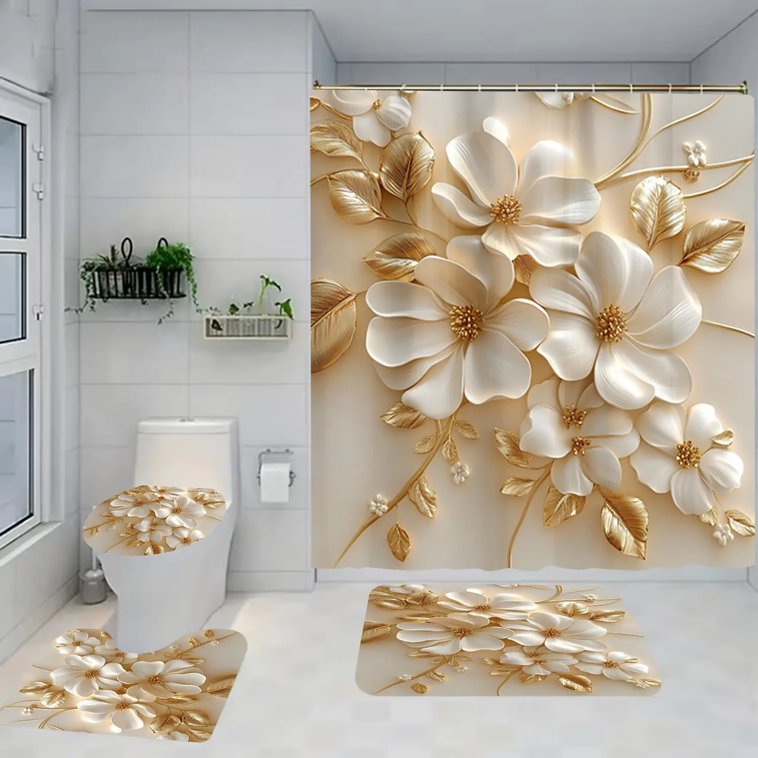 1/4 piece gold-plated time design bathroom set, Bathroom decoration accessories, including soft floor mat, toilet seat cushion, shower curtain, creating home decoration, floor mat with good rebound, water absorption, anti slip