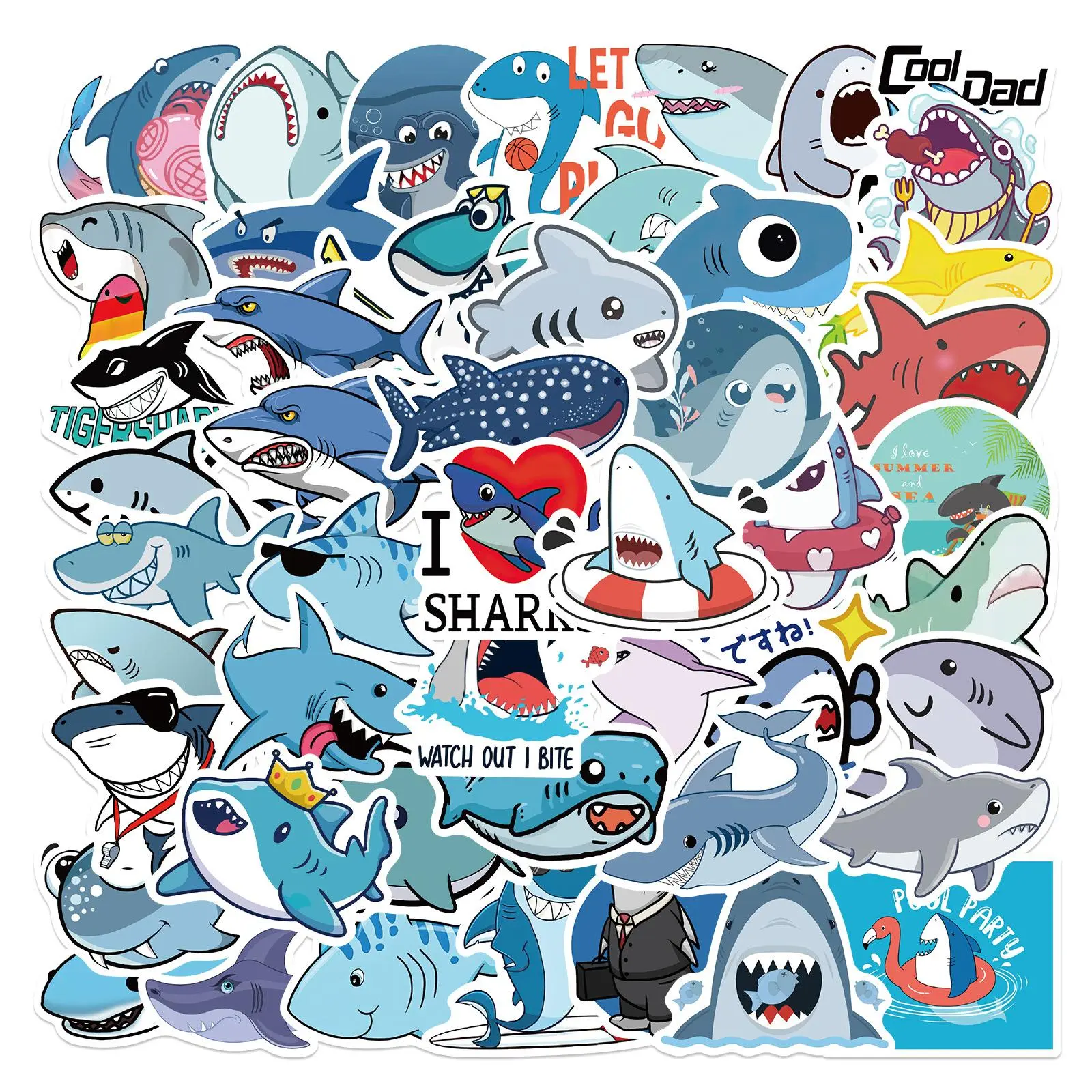 Cartoon Shark Pattern Sticker (50pcs/set), Cute Shark Decorative Sticker, Cute Animal Stickers, Funny Stickers, DIY Decorative Stickers, Waterproof Self Adhesive Decor Paper for Gift Greeting Card & Water Bottle & Laptop, Ornaments