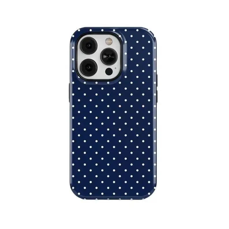 Dark blue background with white polka dot pattern, durable, shock-absorbing two-in-one large hole mobile phone case, suitable for iPhone 17 16 15 14 13 12 11 X and other series models, can be given as a gift to friends or family