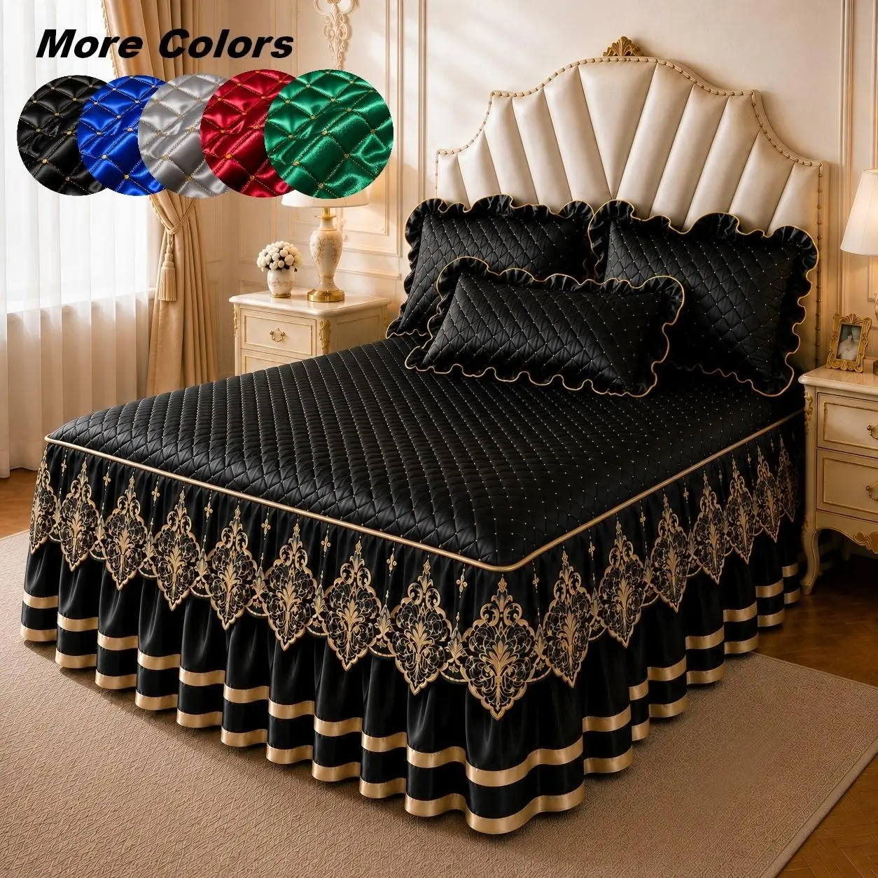 Silky Chiffon Lace Decorative Bedroom Bed Skirt Set, Includes 1 Bed Skirt and 2 Pillowcases, All Seasons