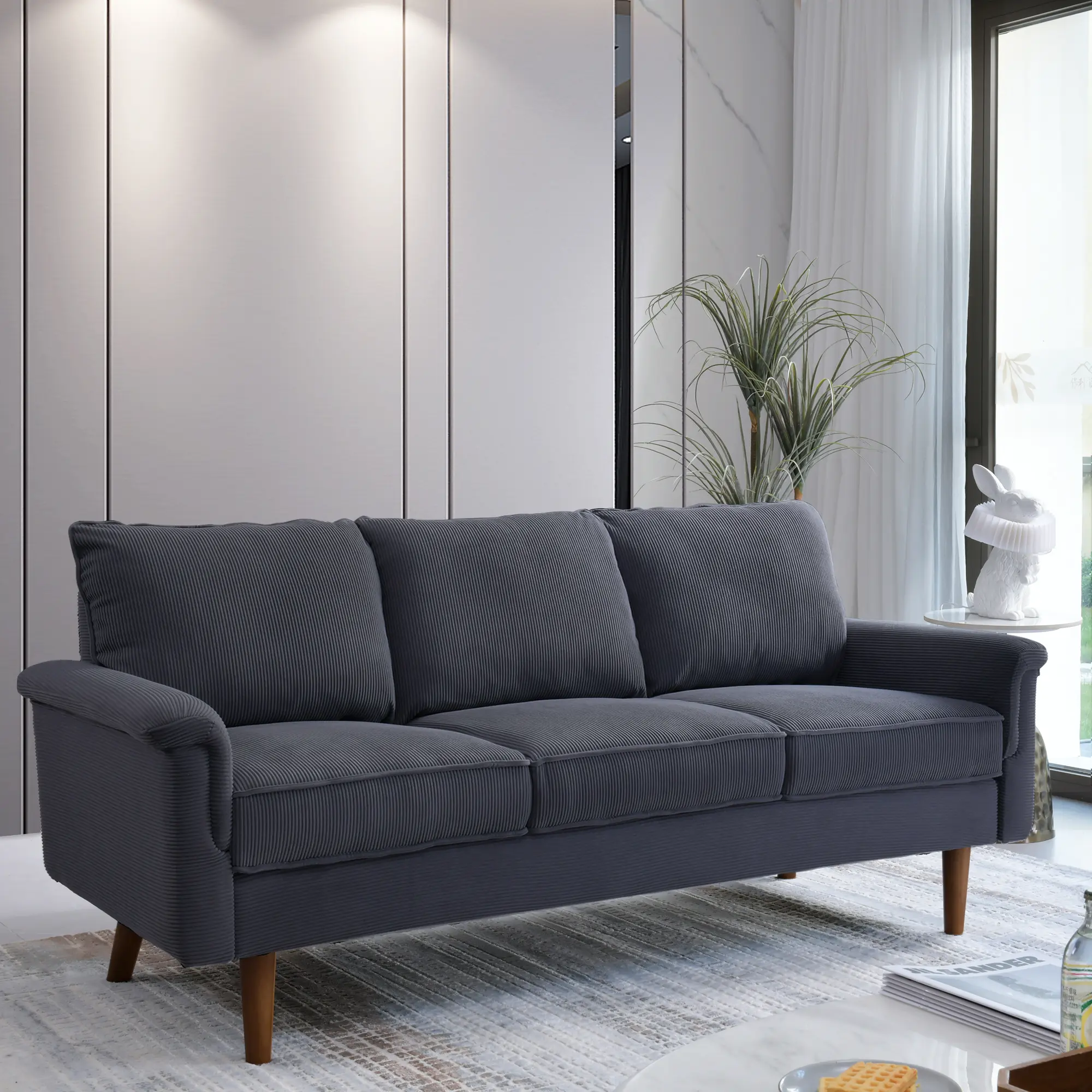 Sofia Small Modern Couch 3 Seat with Soft Cushions, Solid Wood Legs, Timeless Mid-Century Modern Design, Versatile for Living Room, Studio, Apartment