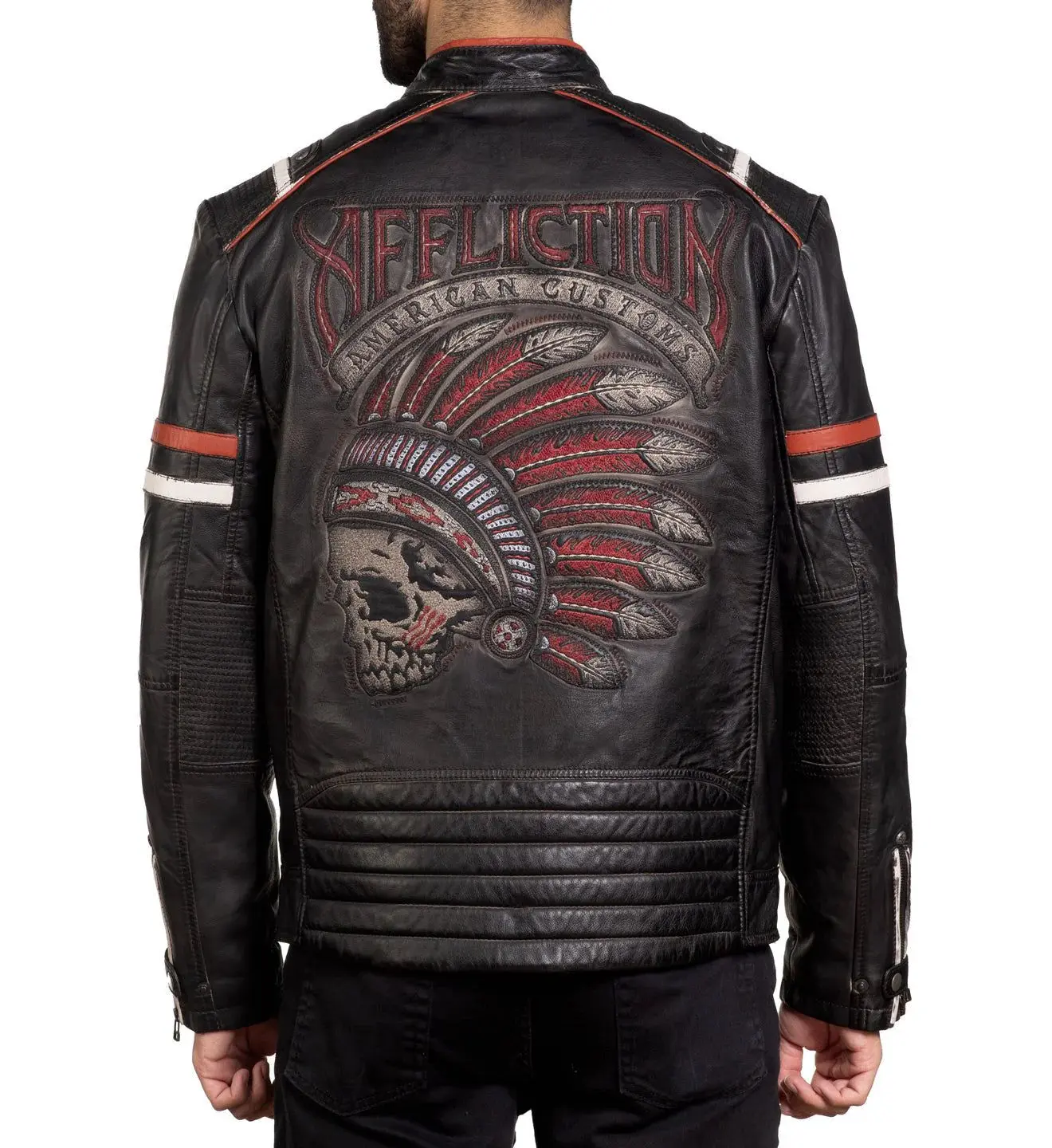 Affliction Men's Dakota Leather Moto Jacket, American Customs Embroidered Menswear Tops with Zip Vents & Pockets, Coats, Graphic, Casual Wear, Genuine Leather, Fabric, Pouch Pockets, Zipper, Do Not Iron