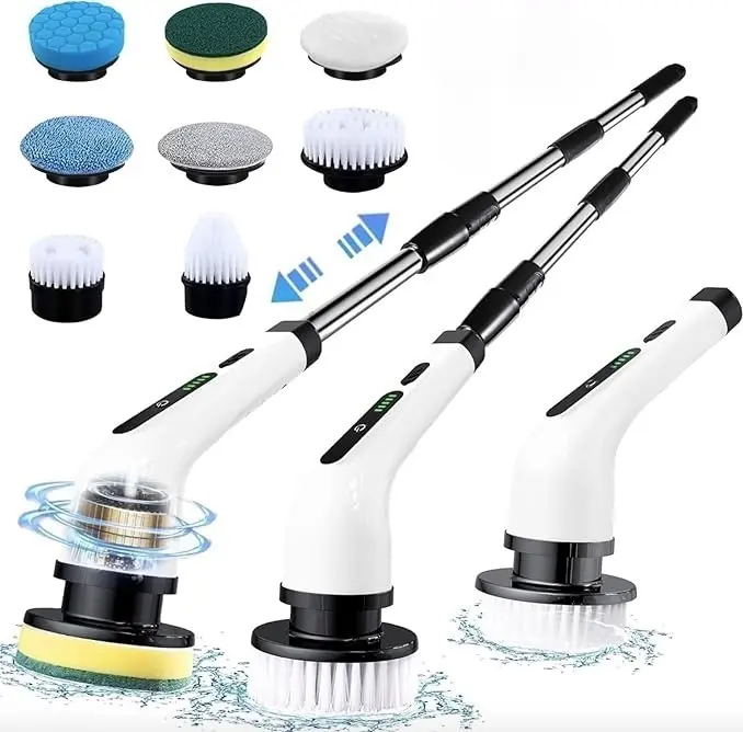 Cordless Rechargeable Electric Spin Scrubber - 9-in-1 Household Cleaning Appliance with 8 Brush Heads, Extendable Handle, 90min Runtime