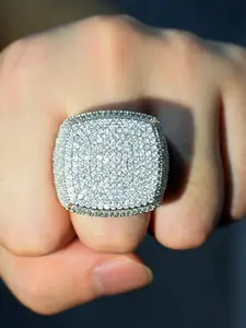 Iced Out Square Pinky Ring for Men, 18K Gold Plated Bling CZ Diamond Signet Ring, Statement Ring, Hip Hop Rapper Jewelry for Party, Birthday Gift