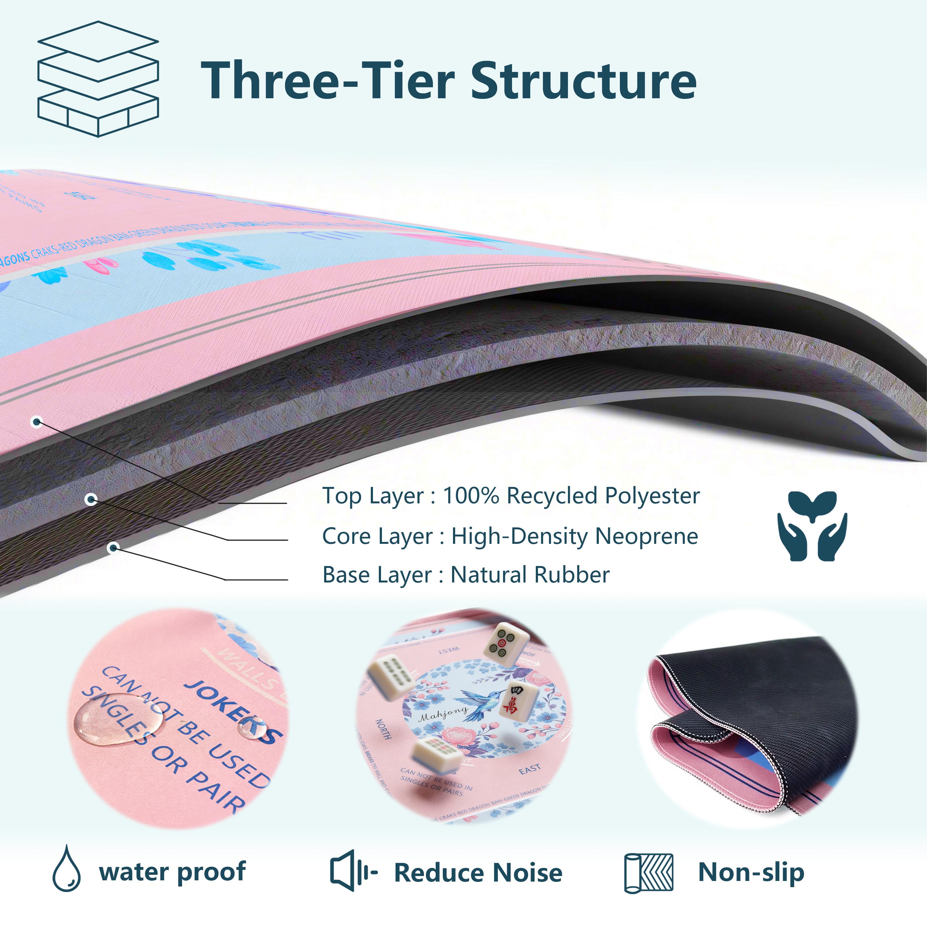 Pink American Mahjong Mat with Rules, 31.5" x 31.5" Non-Slip Noise Reduction Table Cover, Waterproof Gaming Mat for Cards, Poker, Dominoes, with Travel Bag - Hummingbird Peony Design