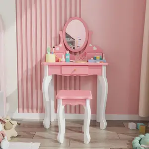 JOYMOR Kids Vanity Set with Mirror, 2 in 1 Princess Makeup Dressing Vanity Table and Stool Set, Toddler Vanity with 360° Rotating Mirror & Drawers, Pretend Play Vanity Set for Little Girls