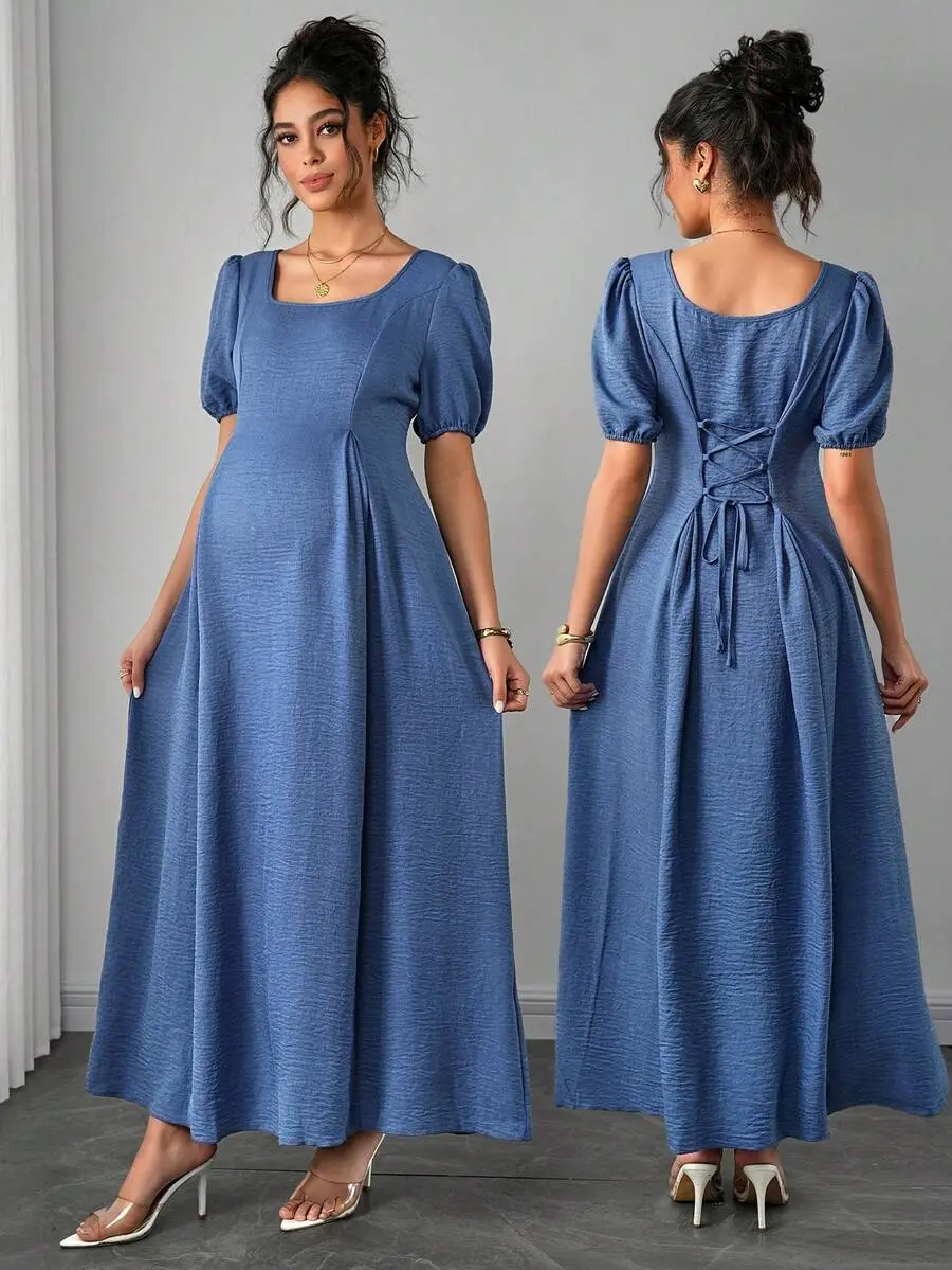 NANCY Maternity Comfortable Asymmetric Shoulder Ruched Waist A-Line Elegant Romantic Maternity Dress