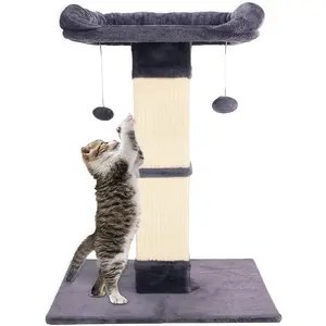 34" Cat Scratching Post for Indoor Cats, Sisal Cat Scratcher with Large Plush Perch, Vertical Post with Elevated Bed, Two Dangling Balls, Removable & Washable Cover, Dark Grey