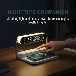 15W Fast Wireless Charger 4-IN-1 Multifunction Foldable Charging Station with Alarm Clock Wireless Speaker RGB Ambient Light, LED Display Touch Control Adjustable Brightness, Space-Saving for Nightstand Home Office Travel Essentials for All Qi#SummerVibes