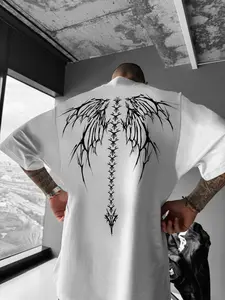 Men's Loose Classic Skeleton Wing Print Drop Shoulder Tee, Streetwear Street Fashion Casual Half Sleeve Round Neck Jersey T-shirt for Daily Wear, Men's Clothes for Summer