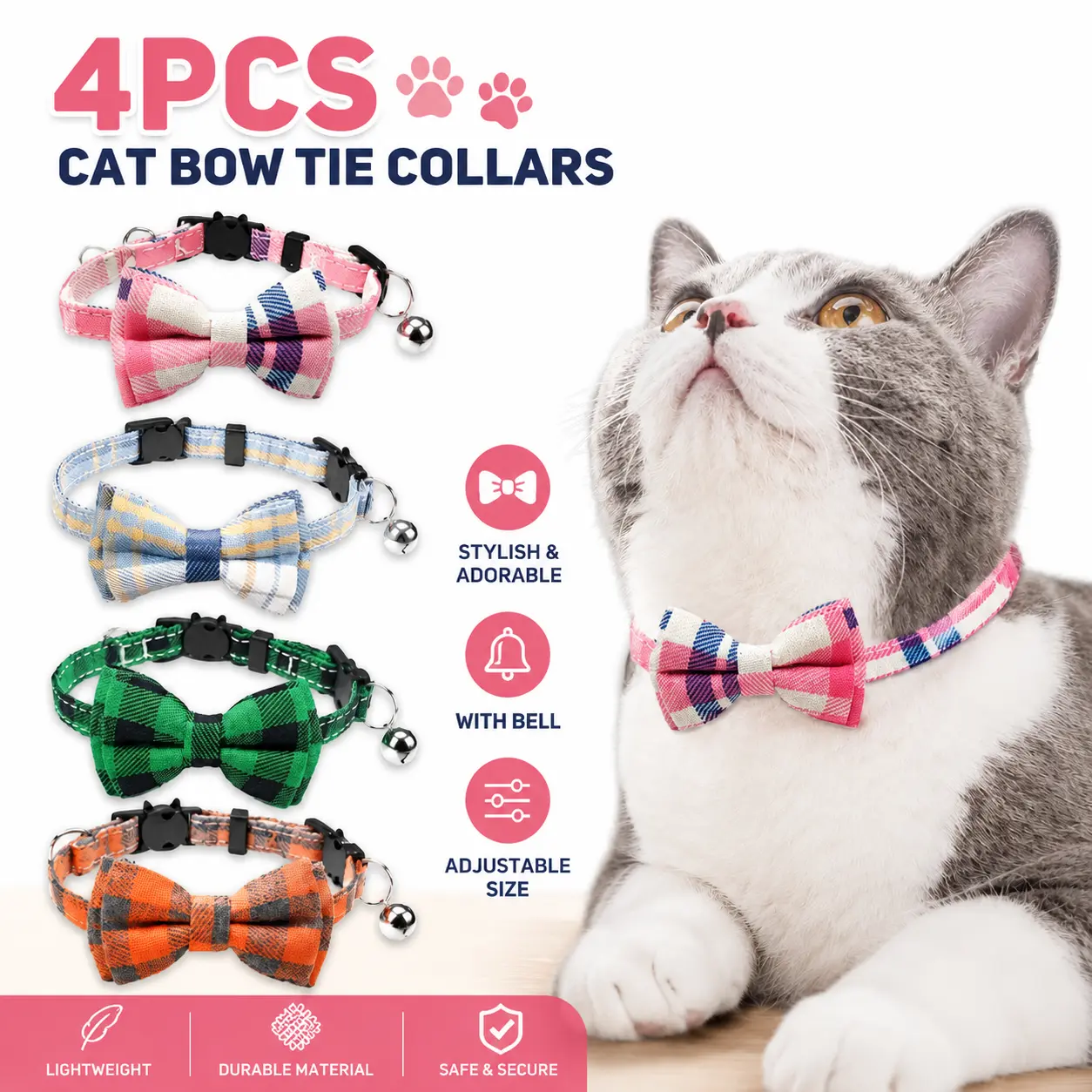 Kitten Breakaway Collar, Adjustable Secure Fit with Plaid Fabric, Adorable Bow Tie and Bell for Style and Safety