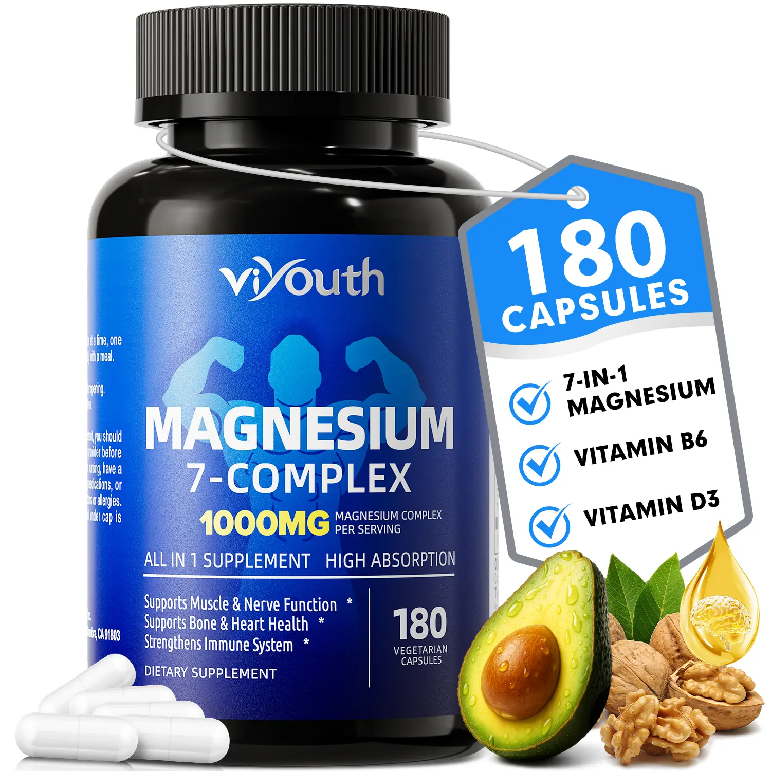 Viyouth 7-in-1 Magnesium Complex Dietary Supplement, 180-Count 1000MG Chelated Blend with Zinc, Cortisol Support & Energy Boost Blended Vitamins, GMP-Certified High-Absorption for Calm Sleep, Muscle Repair, Cortisol Support Blended Vitamins And Minerals S
